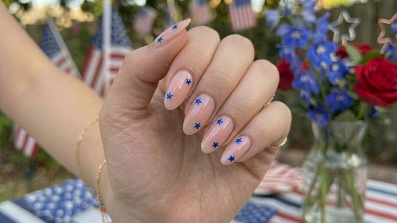 Nude Nails with Tiny Blue Stars